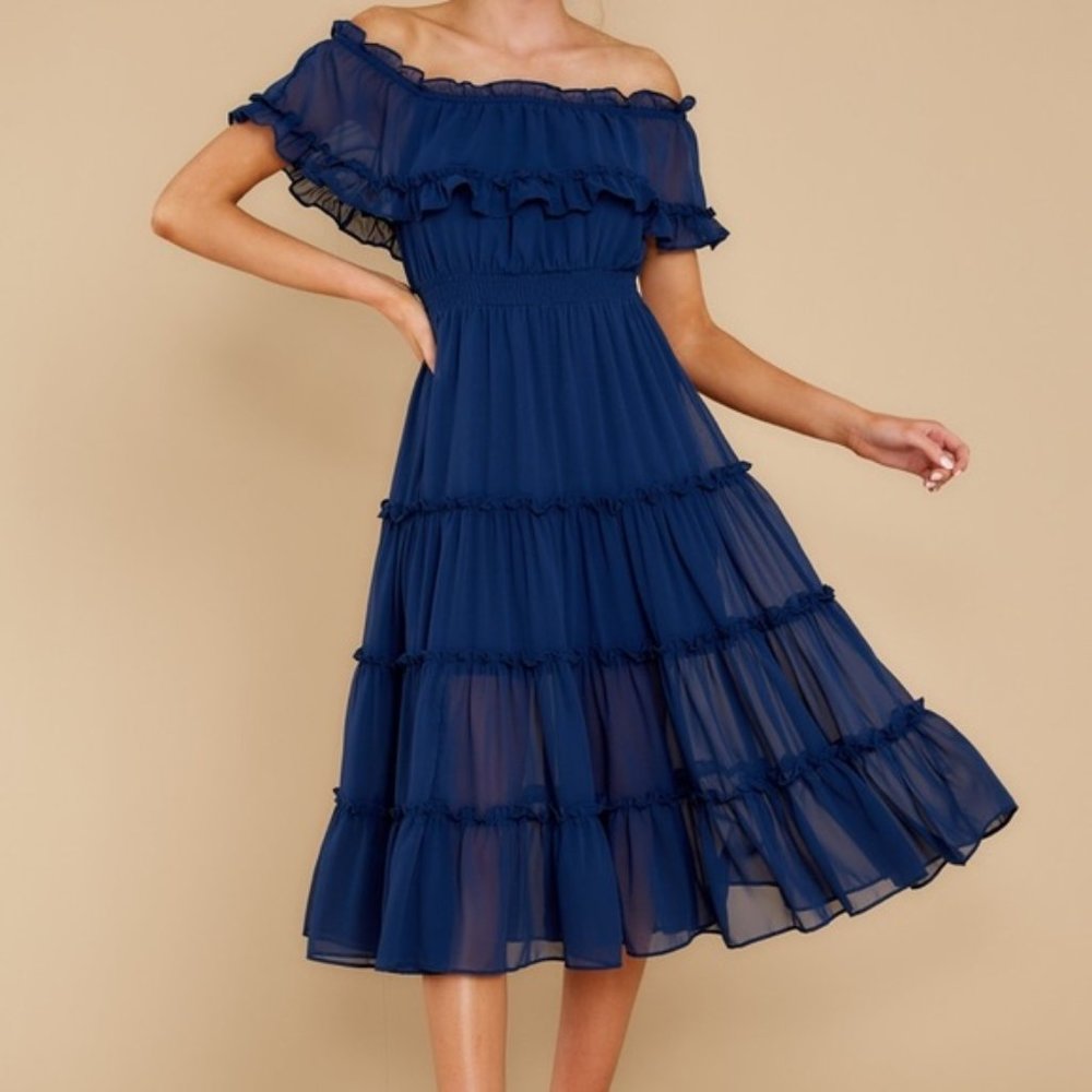 IDEM DITTO NAVY BLUE OFF THE SHOULDER MIDI DRESS